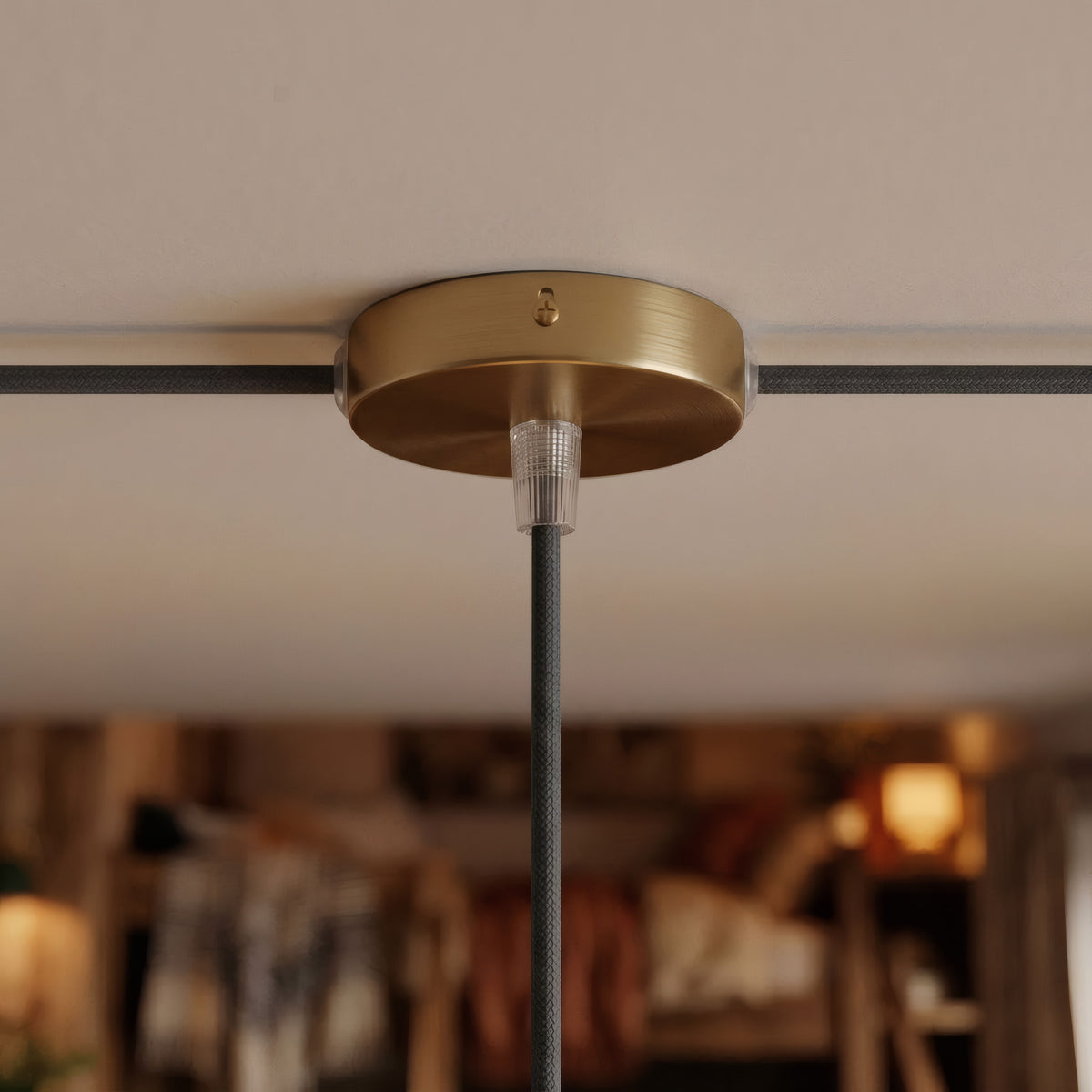 Mini cylindrical metal ceiling rose, Ø 83 mm — 1 central hole and 2 side holes / Conical thermoplastic / Satin bronze