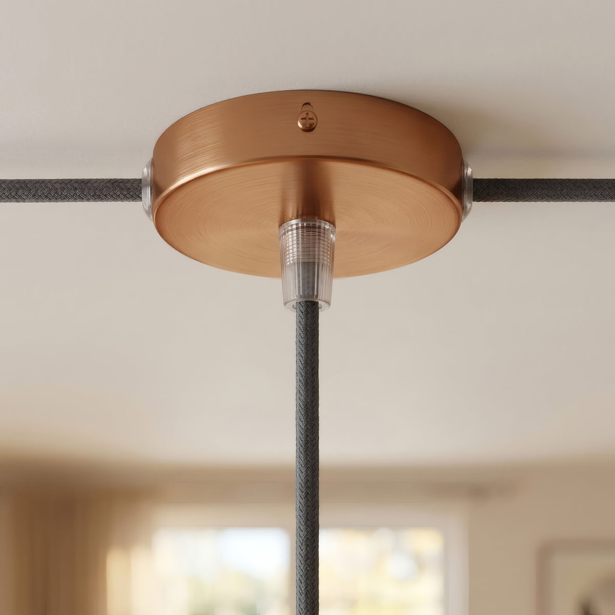 Mini cylindrical metal ceiling rose, Ø 83 mm — 1 central hole and 2 side holes / Conical thermoplastic / Satin copper