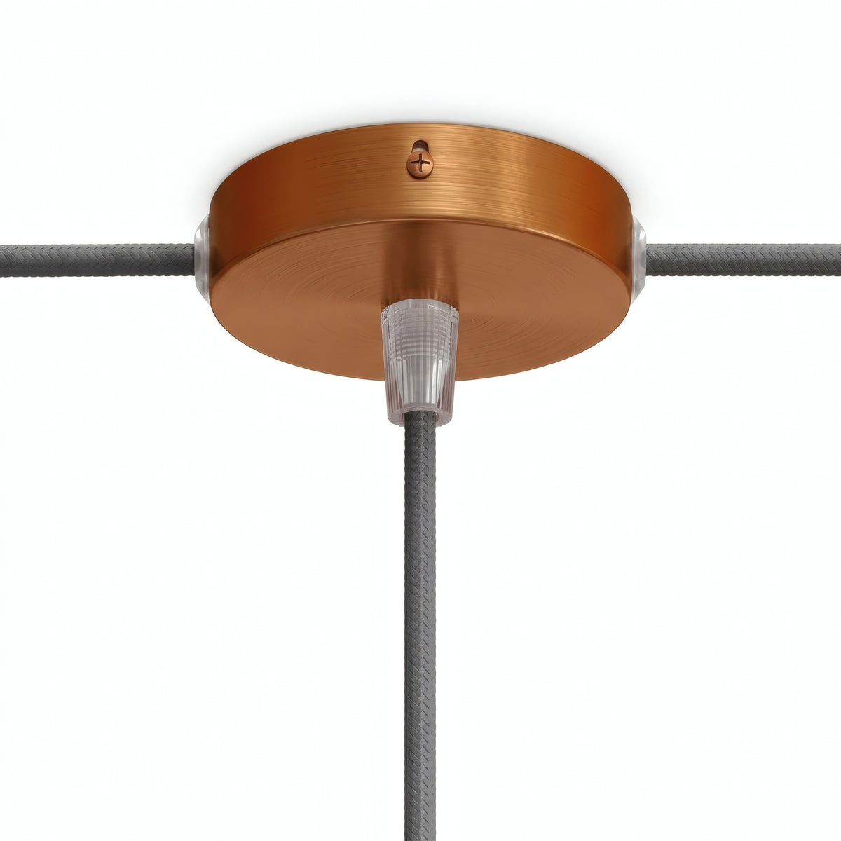 Mini cylindrical metal ceiling rose, Ø 83 mm — 1 central hole and 2 side holes / Conical thermoplastic / Satin copper