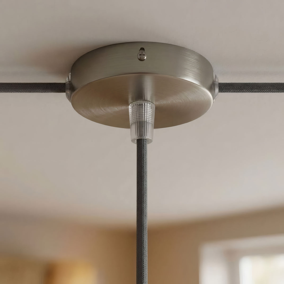 Mini cylindrical metal ceiling rose, Ø 83 mm — 1 central hole and 2 side holes / Conical thermoplastic / Satin titanium
