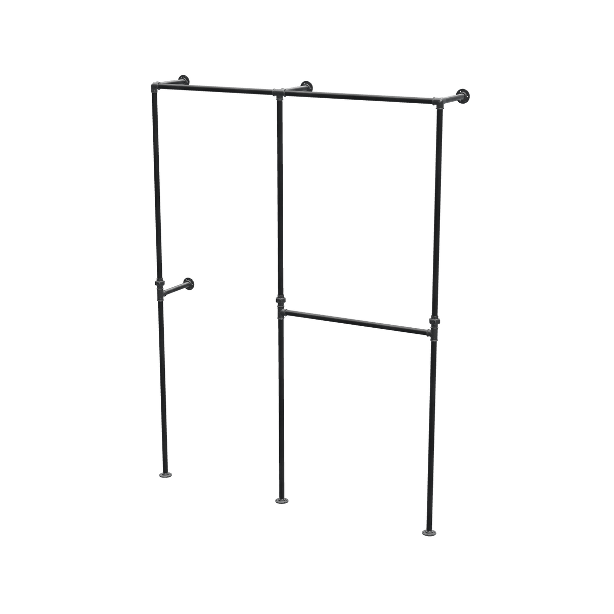 Penderie ouverte à deux baies en tuyaux de plomberie noirs Ø 27 mm — baies de 70 + 80 cm, vue de trois quarts sur fond blanc