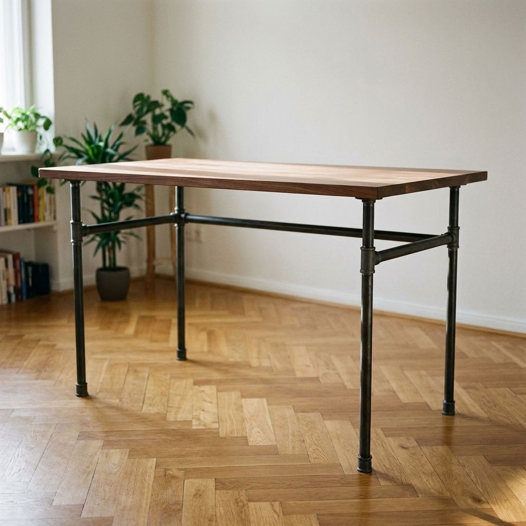 Industrial desk with walnut top on U-frame cast iron and steel base Ø 27 mm, lifestyle scene (top not included)