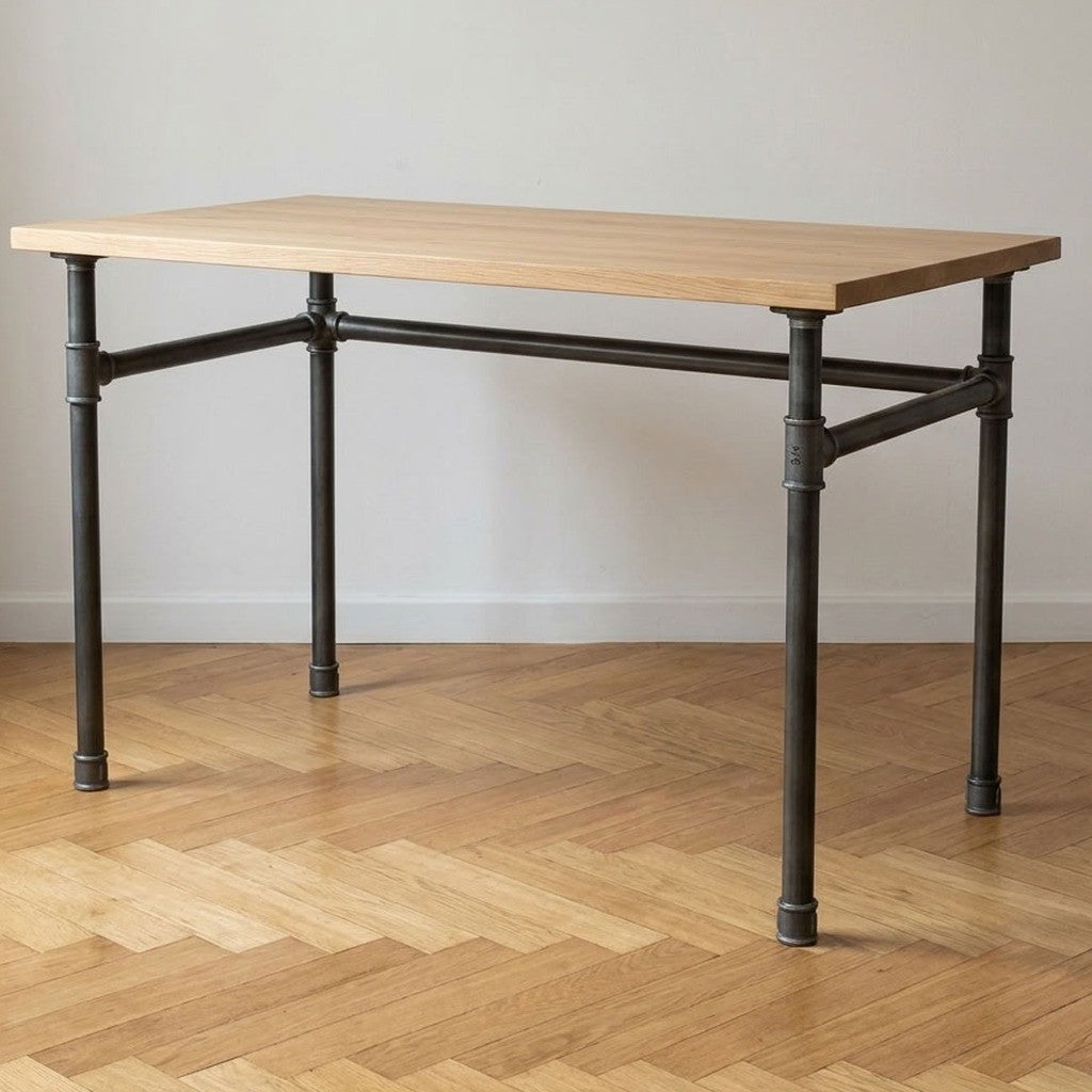 Industrial desk with light oak top on U-frame cast iron and steel base Ø 34 mm, lifestyle scene (top not included)