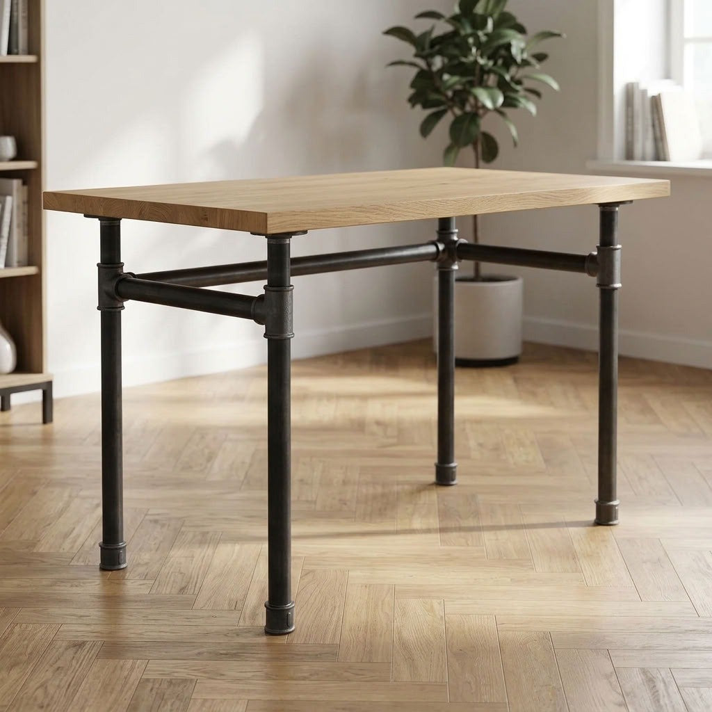 Industrial desk with light oak top on U-frame cast iron and steel base Ø 42 mm, lifestyle scene (top not included)