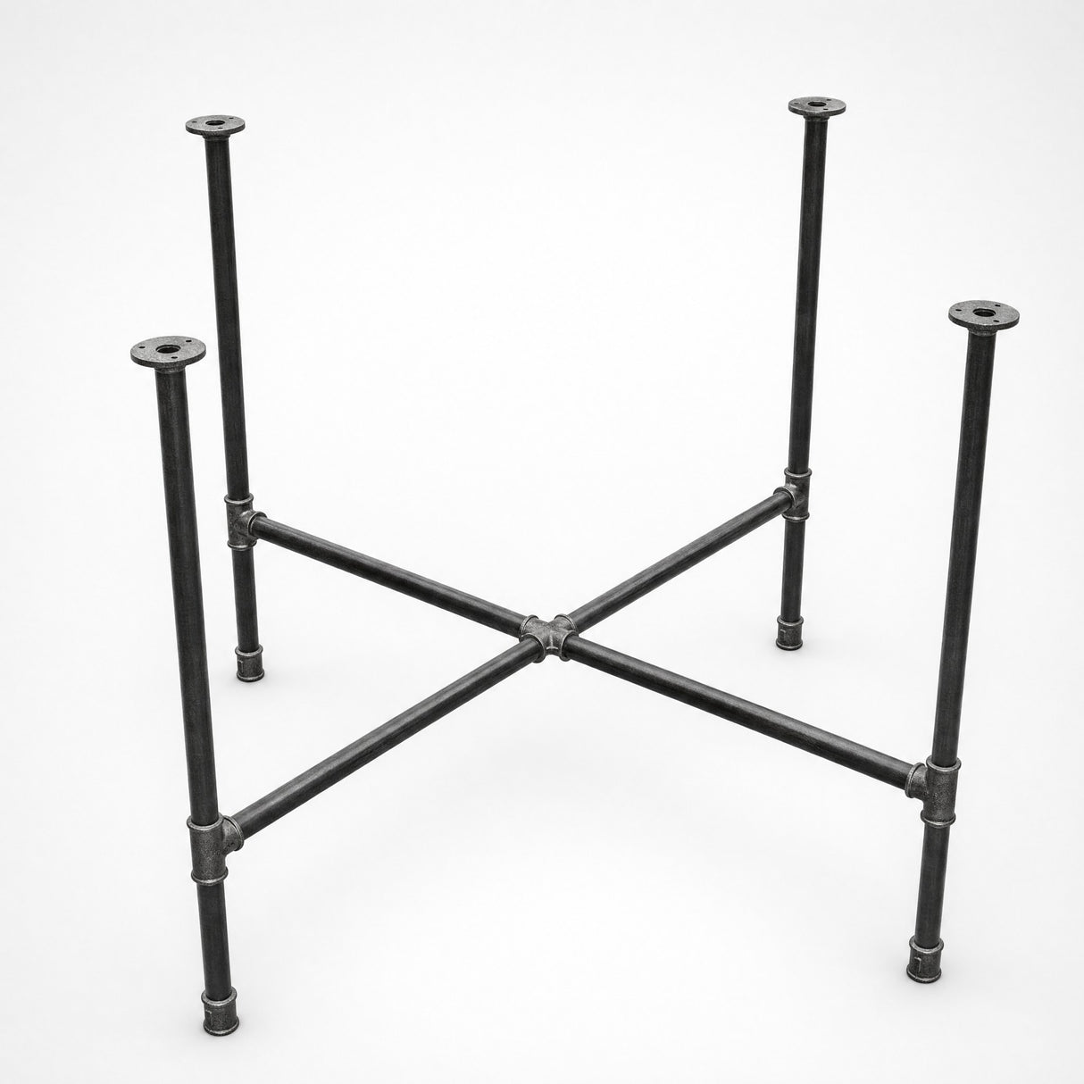 Cross-leg dining table base, cast iron and varnished steel Ø 27 mm, three-quarter studio view