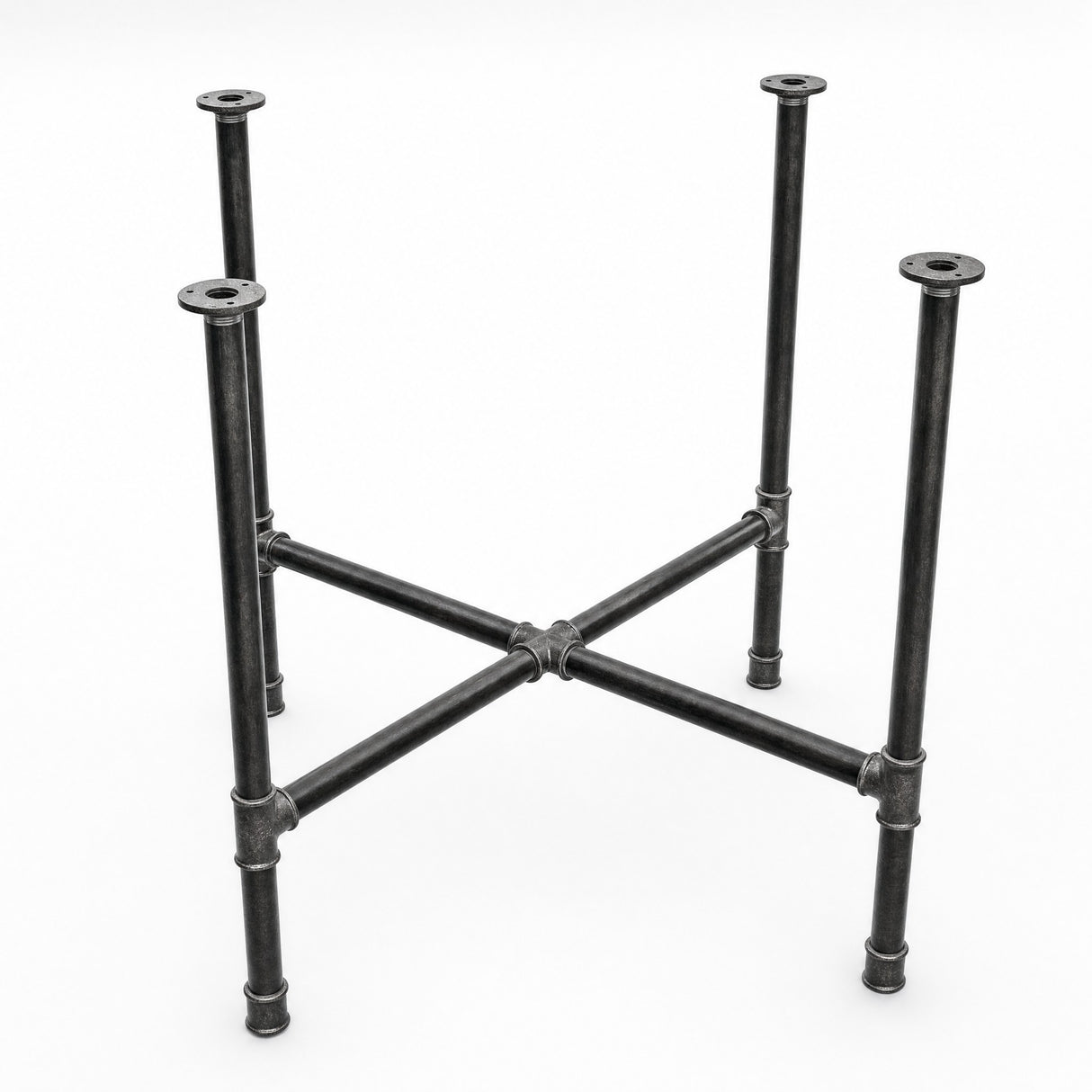 Cross-leg dining table base, cast iron and varnished steel Ø 34 mm, three-quarter studio view
