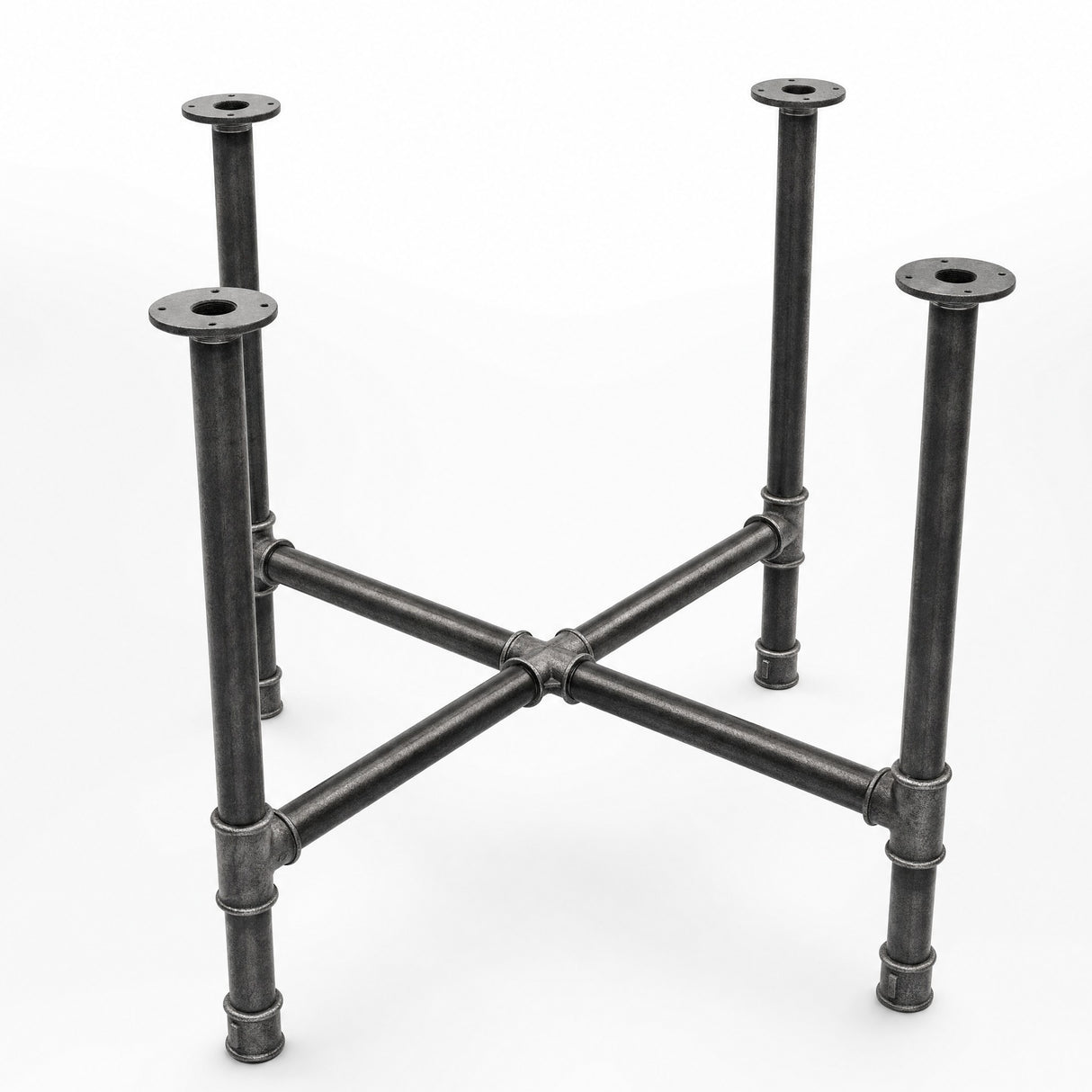 Cross-leg dining table base, cast iron and varnished steel Ø 42 mm, three-quarter studio view