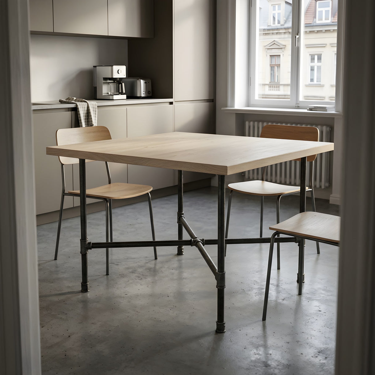 Cross-leg dining table base, cast iron and varnished steel Ø 27 mm, shown in a room under a bleached oak tabletop