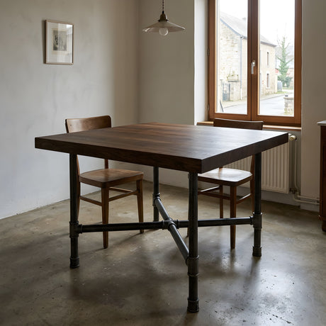 Cross-leg dining table base, cast iron and varnished steel Ø 42 mm, shown in a room under a thick smoked oak tabletop