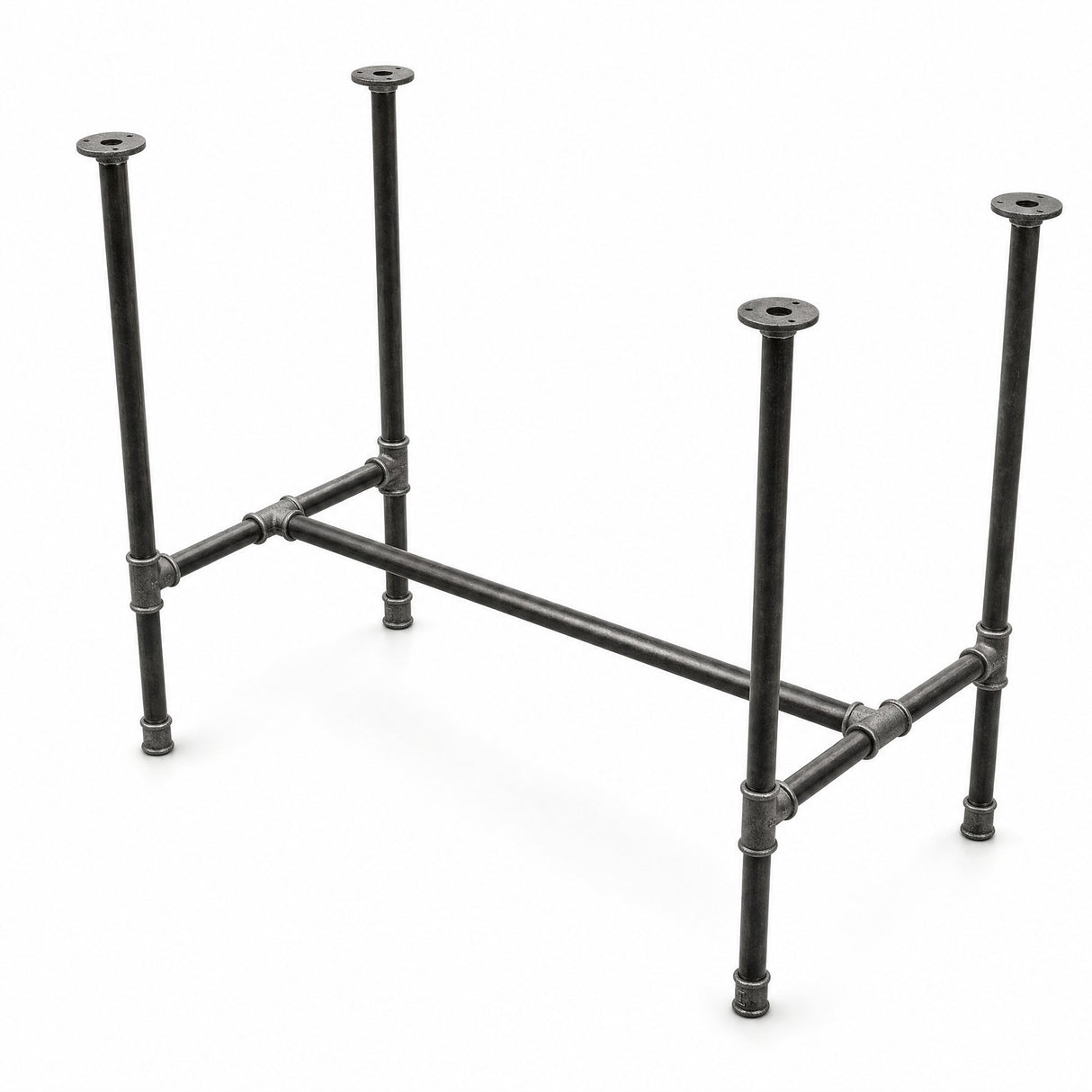 H-frame dining table base, cast iron and varnished steel Ø 27 mm, three-quarter studio view