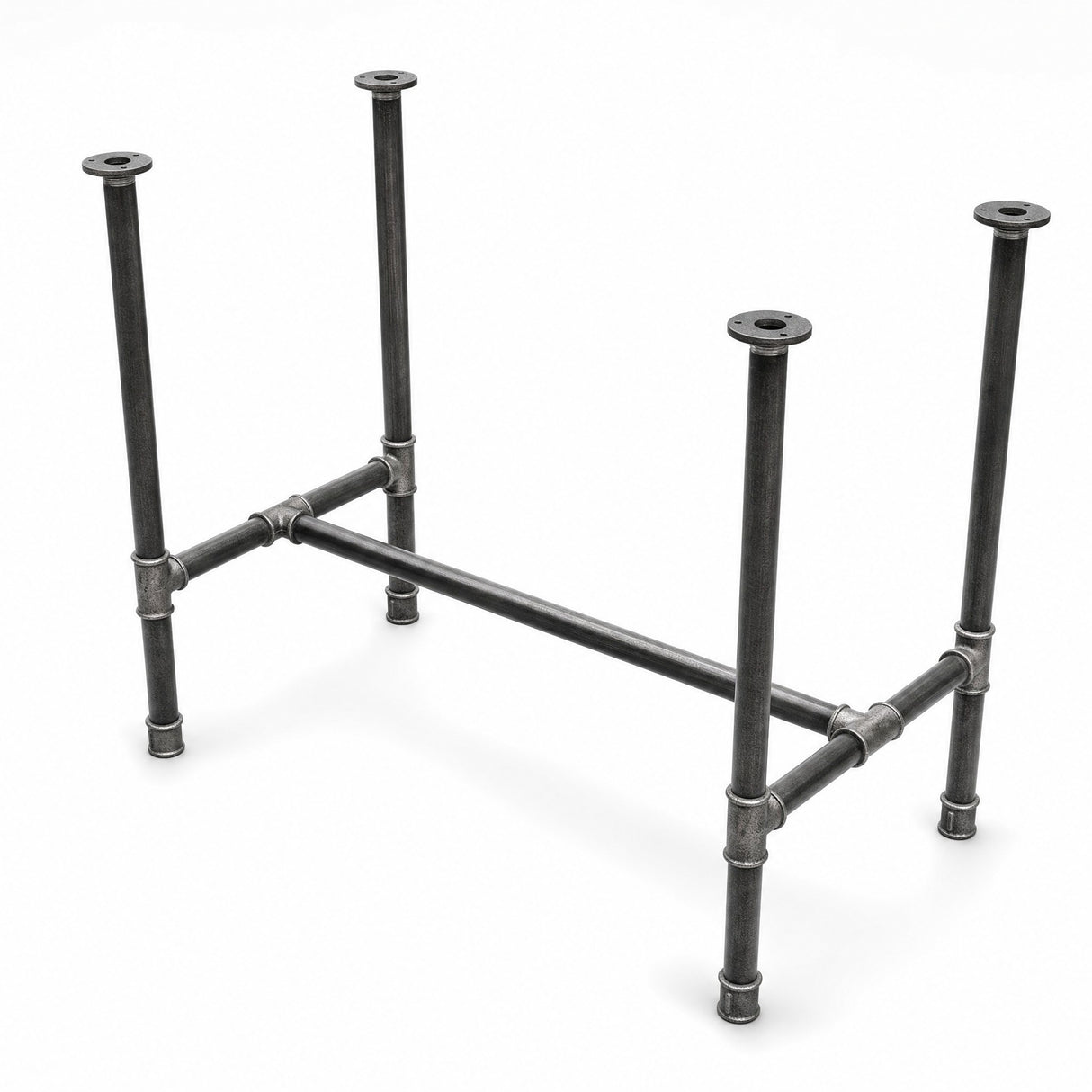H-frame dining table base, cast iron and varnished steel Ø 34 mm, three-quarter studio view