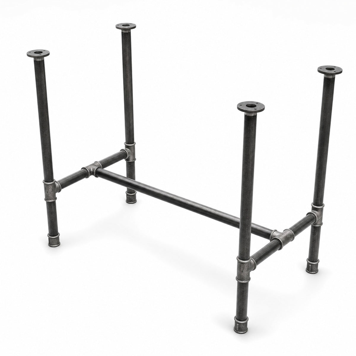 H-frame dining table base, cast iron and varnished steel Ø 34 mm, three-quarter studio view