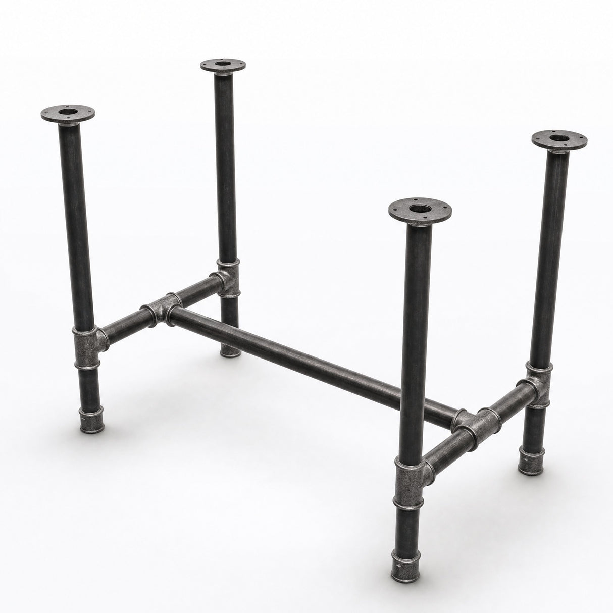 H-frame dining table base, cast iron and varnished steel Ø 42 mm, three-quarter studio view