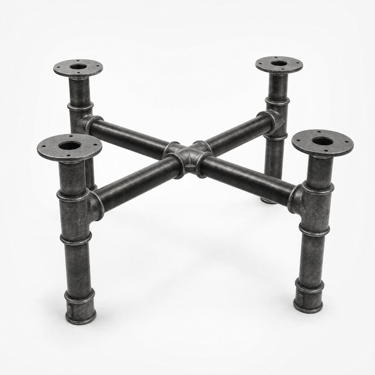 Cross-leg coffee table base, cast iron and varnished steel Ø 42 mm, three-quarter studio view