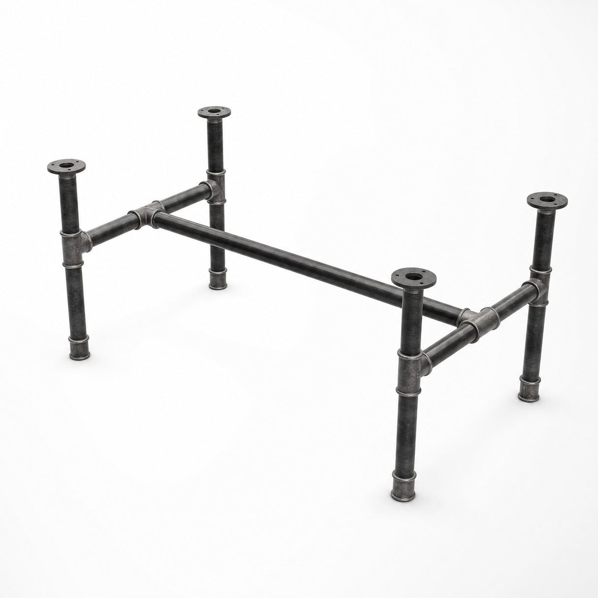 H-frame coffee table base, cast iron and varnished steel Ø 34 mm, three-quarter studio view