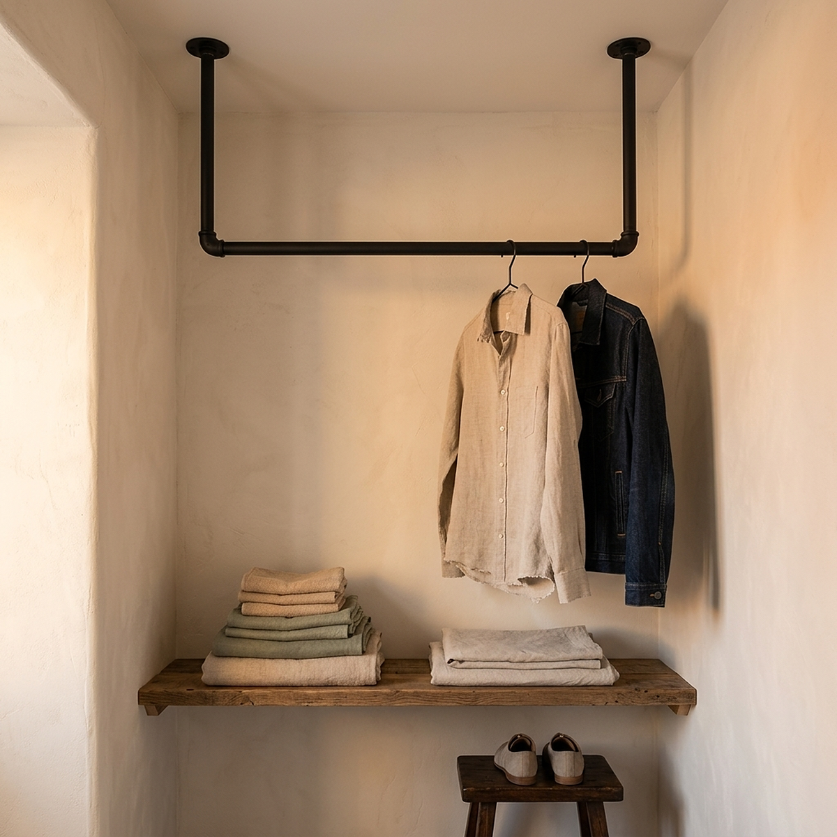 Ceiling-hung black pipe clothes rail in a dressing corner, above a wooden shelf