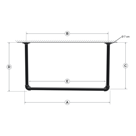 Dimensioned drawing of the ceiling clothes rail: overall width A, flange centres B, rail axis C, ceiling drop D, free rail E, Ø 7 cm flanges