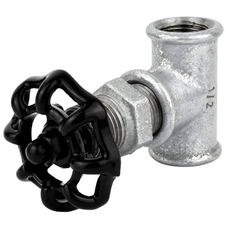 1/2'' valve-style fitting with black 52 mm handwheel, black nut, galvanized cast iron fitting