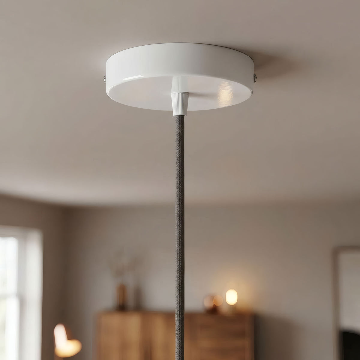 Cylindrical metal ceiling rose, Ø 120 mm — Conical thermoplastic / Glossy white