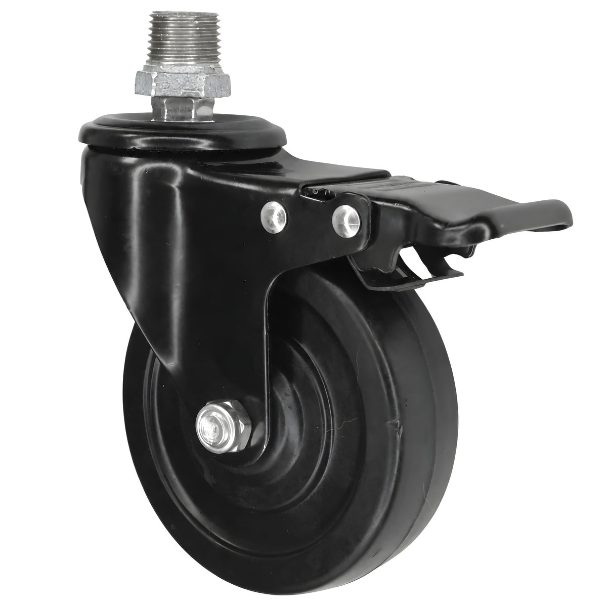 Black industrial swivel caster with brake and 100 mm rubber wheel, 1/2'' (15x21mm) male thread, galvanized cast iron fitting