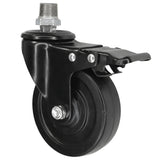 Black industrial swivel caster with brake and 100 mm rubber wheel, 1/2'' (15x21mm) male thread, galvanized cast iron fitting