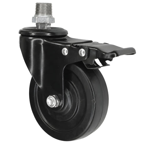 Black industrial swivel caster with brake and 100 mm rubber wheel, 1/2'' (15x21mm) male thread, galvanized cast iron fitting
