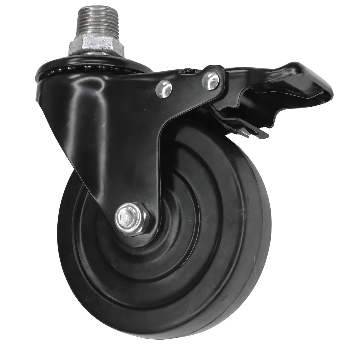 Black industrial swivel caster with brake and 100 mm rubber wheel, male thread, galvanized cast iron fitting