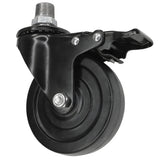 Black industrial swivel caster with brake and 100 mm rubber wheel, male thread, galvanized cast iron fitting