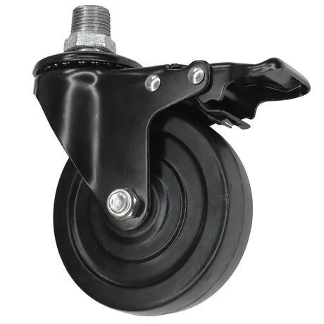 Black industrial swivel caster with brake and 100 mm rubber wheel, male thread, galvanized cast iron fitting