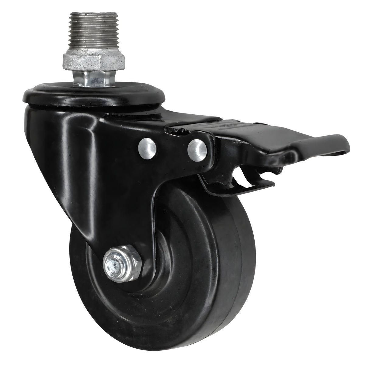 Black industrial swivel caster with brake and 75 mm rubber wheel, male thread, galvanized cast iron fitting