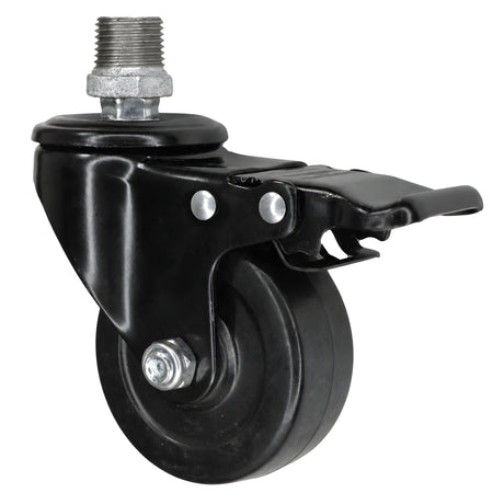 Black industrial swivel caster with brake and 75 mm rubber wheel, male thread, galvanized cast iron fitting