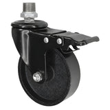 Black industrial swivel caster with brake and 100 mm cast iron wheel, 1/2'' (15x21mm) male thread, galvanized cast iron fitting