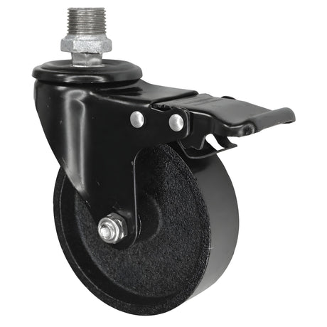 Black industrial swivel caster with brake and 100 mm cast iron wheel, 1/2'' (15x21mm) male thread, galvanized cast iron fitting