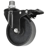 Black industrial swivel caster with brake and 100 mm cast iron wheel, male thread, galvanized cast iron fitting