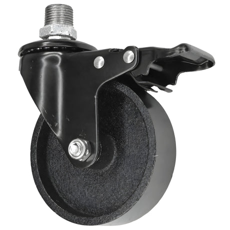 Black industrial swivel caster with brake and 100 mm cast iron wheel, male thread, galvanized cast iron fitting