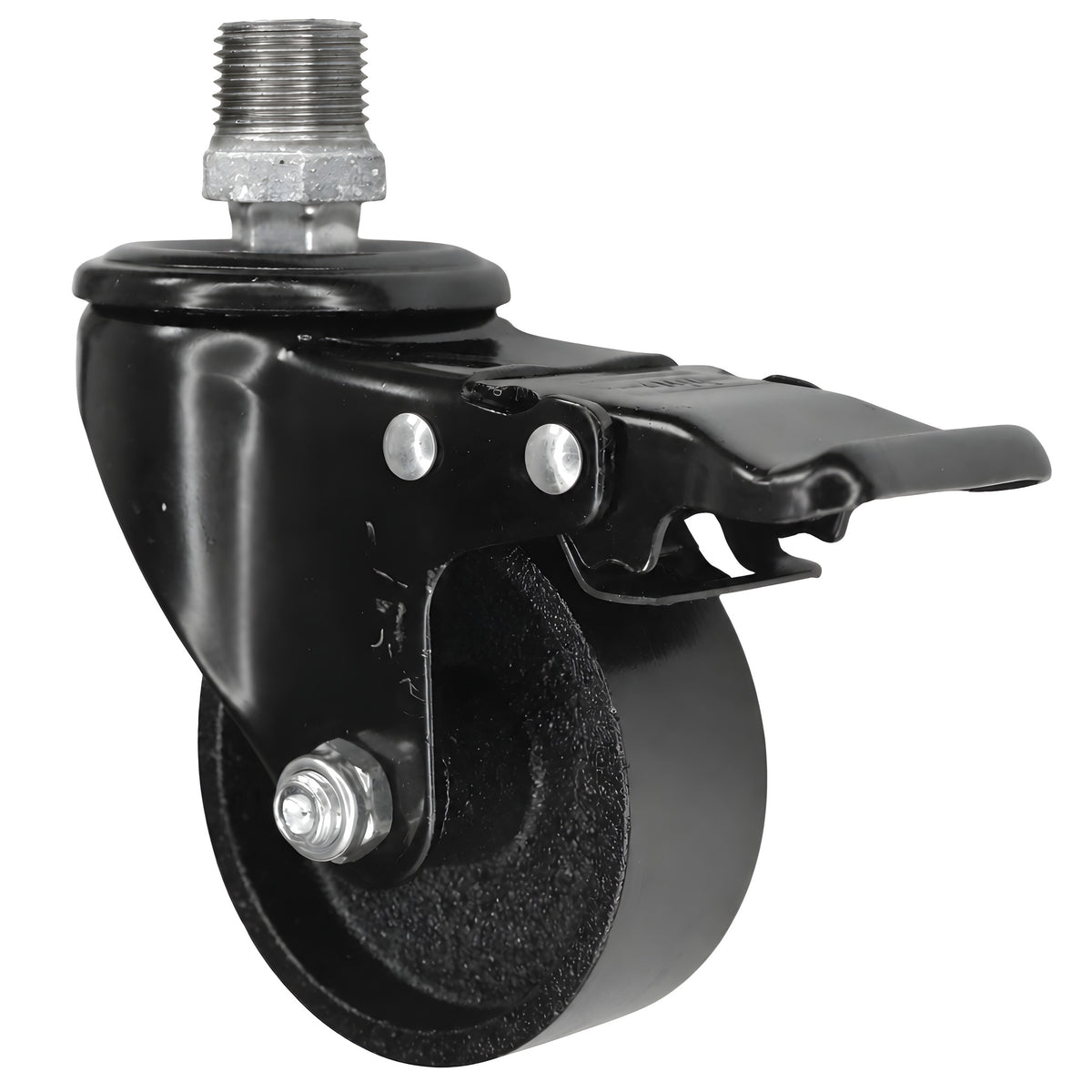 Black industrial swivel caster with brake and 75 mm cast iron wheel, 1/2'' (15x21mm) male thread, galvanized cast iron fitting
