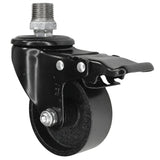 Black industrial swivel caster with brake and 75 mm cast iron wheel, 1/2'' (15x21mm) male thread, galvanized cast iron fitting