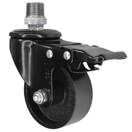 Black industrial swivel caster with brake and 75 mm cast iron wheel, 1/2'' (15x21mm) male thread, galvanized cast iron fitting