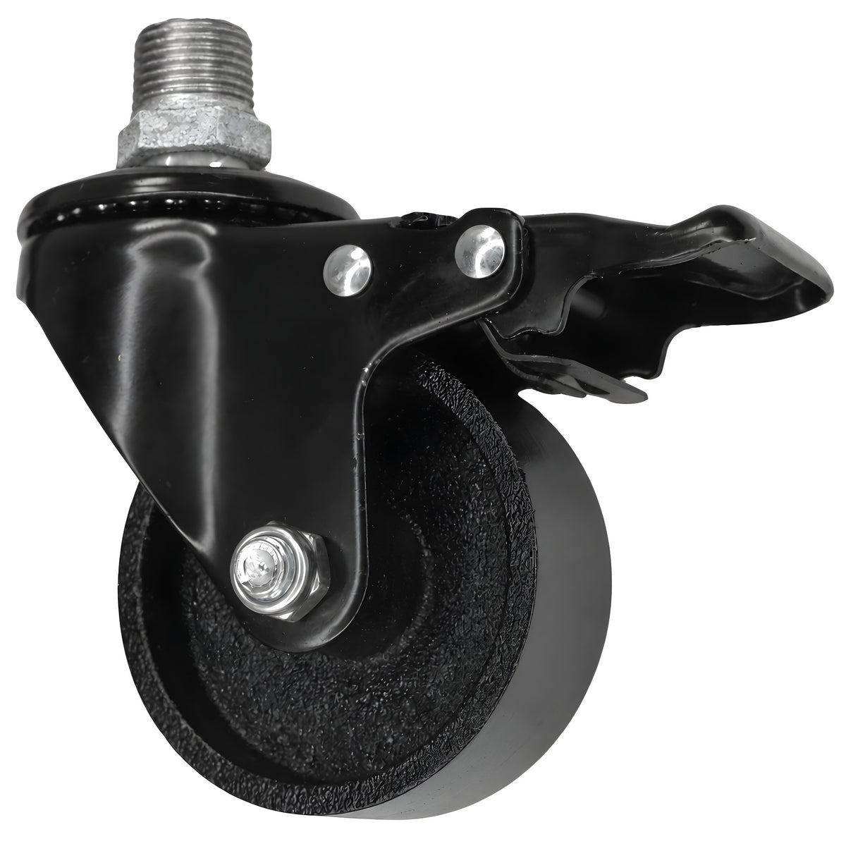 Black industrial swivel caster with brake and 75 mm cast iron wheel, male thread, galvanized cast iron fitting