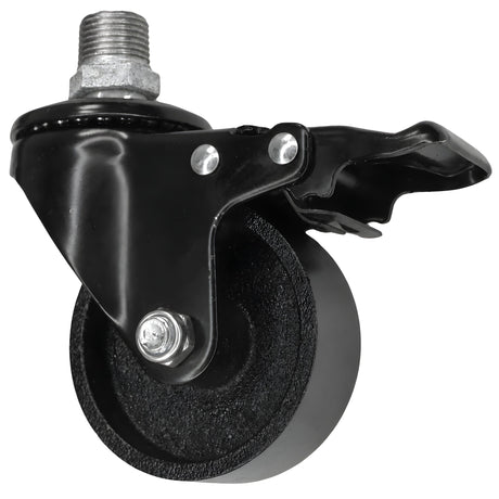 Black industrial swivel caster with brake and 75 mm cast iron wheel, male thread, galvanized cast iron fitting