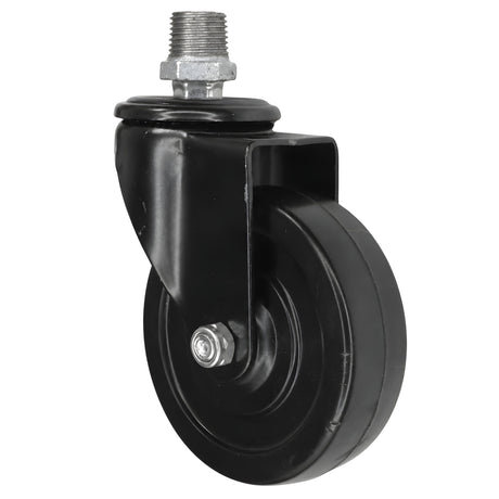 Black industrial swivel caster with 100 mm rubber wheel, 1/2'' (15x21mm) male thread, galvanized cast iron fitting