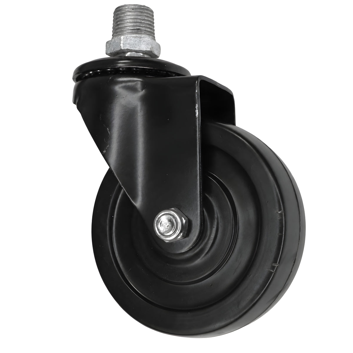 Black industrial swivel caster with 100 mm rubber wheel, male thread, galvanized cast iron fitting