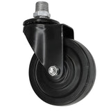 Black industrial swivel caster with 100 mm rubber wheel, male thread, galvanized cast iron fitting