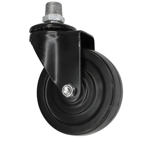 Black industrial swivel caster with 100 mm rubber wheel, male thread, galvanized cast iron fitting