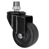 Black industrial swivel caster with 75 mm rubber wheel, male thread, galvanized cast iron fitting
