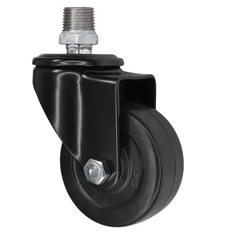 Black industrial swivel caster with 75 mm rubber wheel, male thread, galvanized cast iron fitting