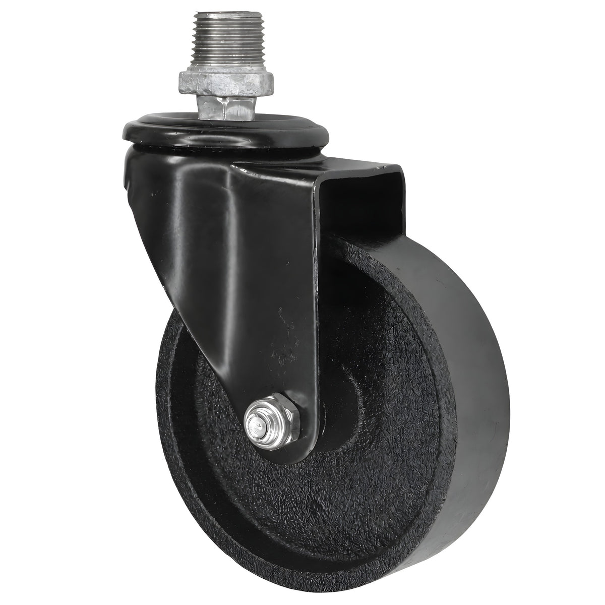 Black industrial swivel caster with 100 mm cast iron wheel, 1/2'' (15x21mm) male thread, galvanized cast iron fitting