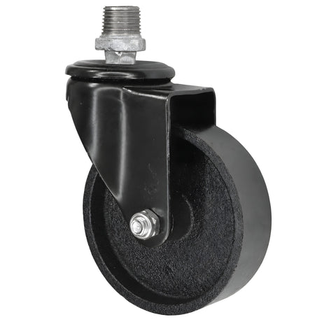 Black industrial swivel caster with 100 mm cast iron wheel, 1/2'' (15x21mm) male thread, galvanized cast iron fitting