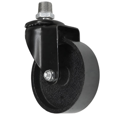 Black industrial swivel caster with 100 mm cast iron wheel, male thread, galvanized cast iron fitting