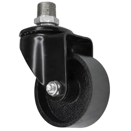 Black industrial swivel caster with 75 mm cast iron wheel, male thread, galvanized cast iron fitting
